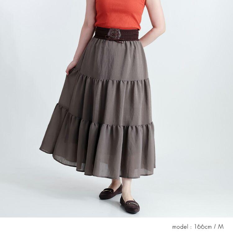 【送料無料】 ベルト付ティアードスカート 1色 M L 洗える レディース スカート ティアードスカート ロングスカート ベルト ドッキング ウエストゴム 春秋 |  | 11