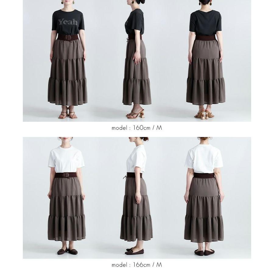 【送料無料】 ベルト付ティアードスカート 1色 M L 洗える レディース スカート ティアードスカート ロングスカート ベルト ドッキング ウエストゴム 春秋 |  | 15