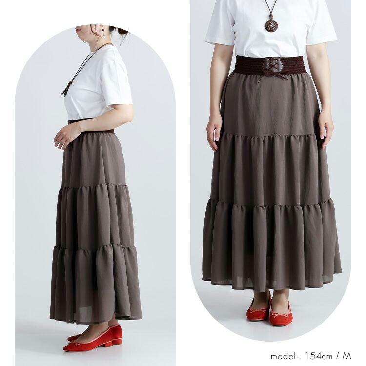 【送料無料】 ベルト付ティアードスカート 1色 M L 洗える レディース スカート ティアードスカート ロングスカート ベルト ドッキング ウエストゴム 春秋 |  | 08