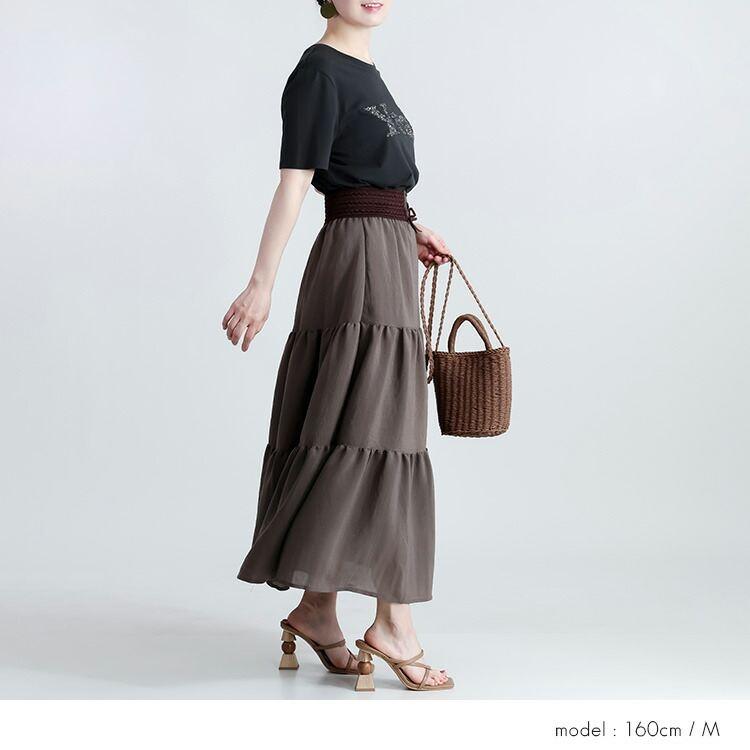 【送料無料】 ベルト付ティアードスカート 1色 M L 洗える レディース スカート ティアードスカート ロングスカート ベルト ドッキング ウエストゴム 春秋 |  | 09