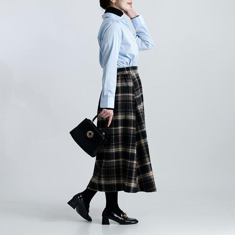 【新作】【送料無料】 先染めチェック×プリーツ切替スカート 2色 M L 起毛 洗える レディース ボトムス スカート ロングスカート 片側プリーツ |  | 11