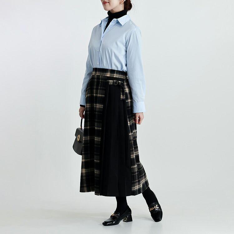 【新作】【送料無料】 先染めチェック×プリーツ切替スカート 2色 M L 起毛 洗える レディース ボトムス スカート ロングスカート 片側プリーツ |  | 12