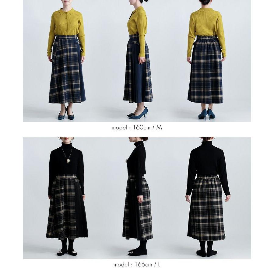 【新作】【送料無料】 先染めチェック×プリーツ切替スカート 2色 M L 起毛 洗える レディース ボトムス スカート ロングスカート 片側プリーツ |  | 15