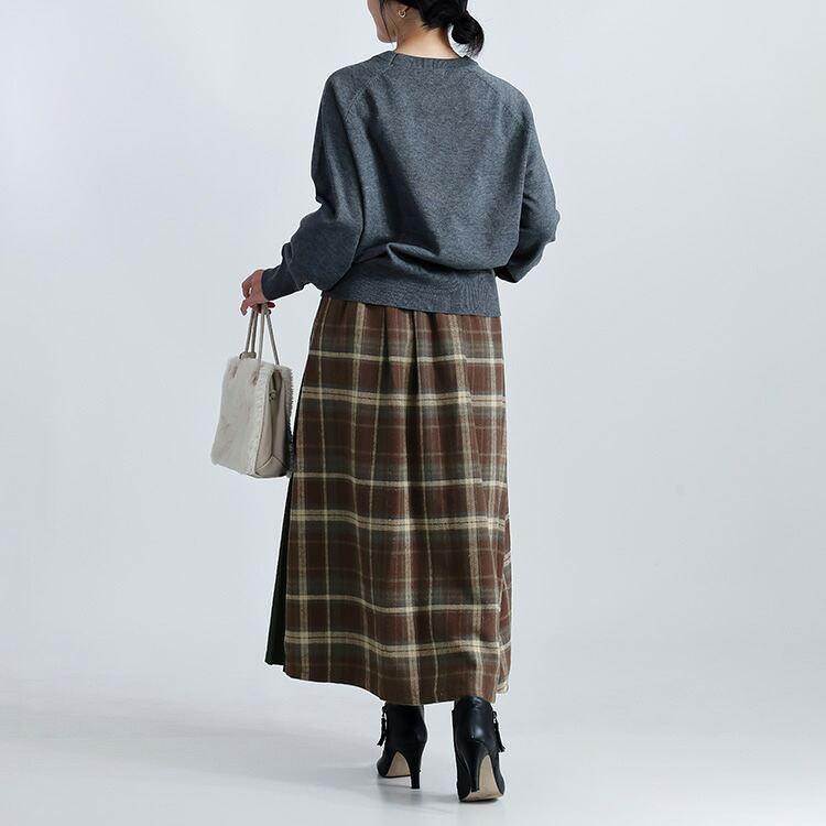 【新作】【送料無料】 先染めチェック×プリーツ切替スカート 2色 M L 起毛 洗える レディース ボトムス スカート ロングスカート 片側プリーツ |  | 05
