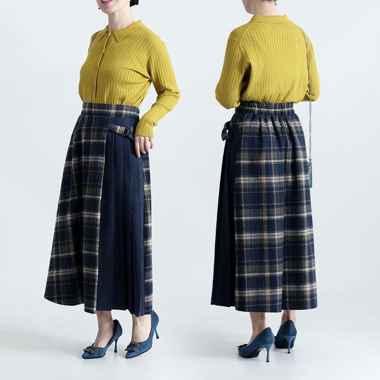 【新作】【送料無料】 先染めチェック×プリーツ切替スカート 2色 M L 起毛 洗える レディース ボトムス スカート ロングスカート 片側プリーツ |  | 08