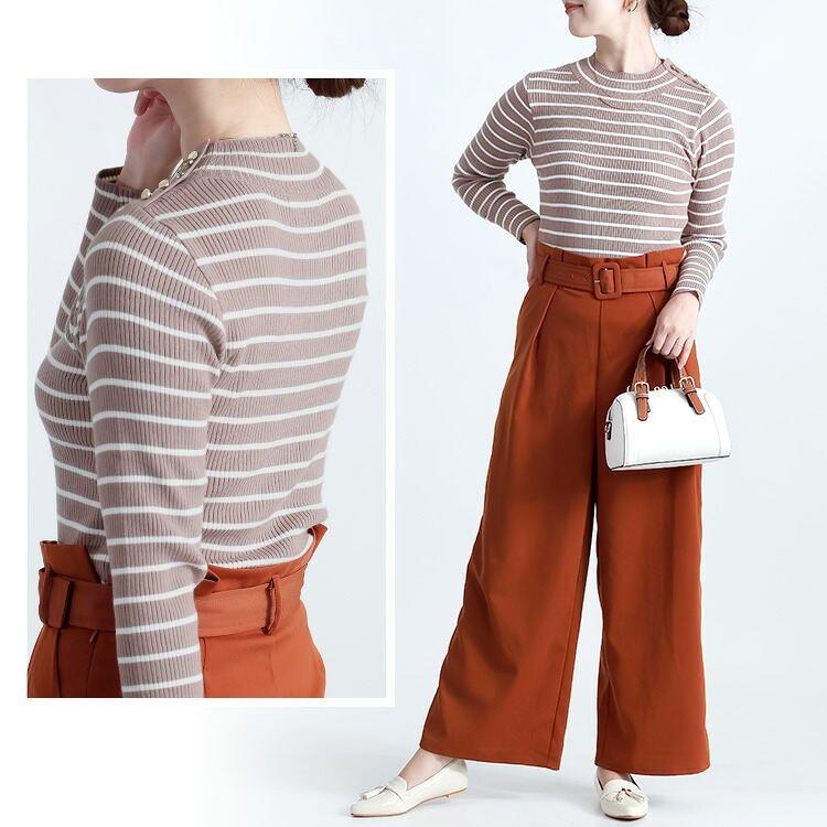 【新作】【送料無料】 ショルダー釦ボーダーニットプルオーバー 5色 M-L 洗える レディース トップス ニット セーター インナー 楽ちん 保温性 大人 |  | 10