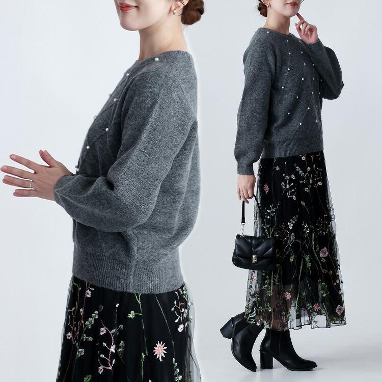 【準新作/送料無料】 ダイヤ柄パール付きニット 3色 M L 洗える 長袖 レディース トップス ニット プルオーバー クルーネック ぽわん袖 ダイヤ柄 パール 春秋冬 |  | 12