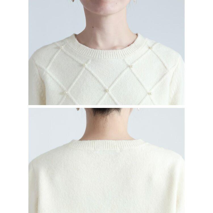【準新作/送料無料】 ダイヤ柄パール付きニット 3色 M L 洗える 長袖 レディース トップス ニット プルオーバー クルーネック ぽわん袖 ダイヤ柄 パール 春秋冬 |  | 13