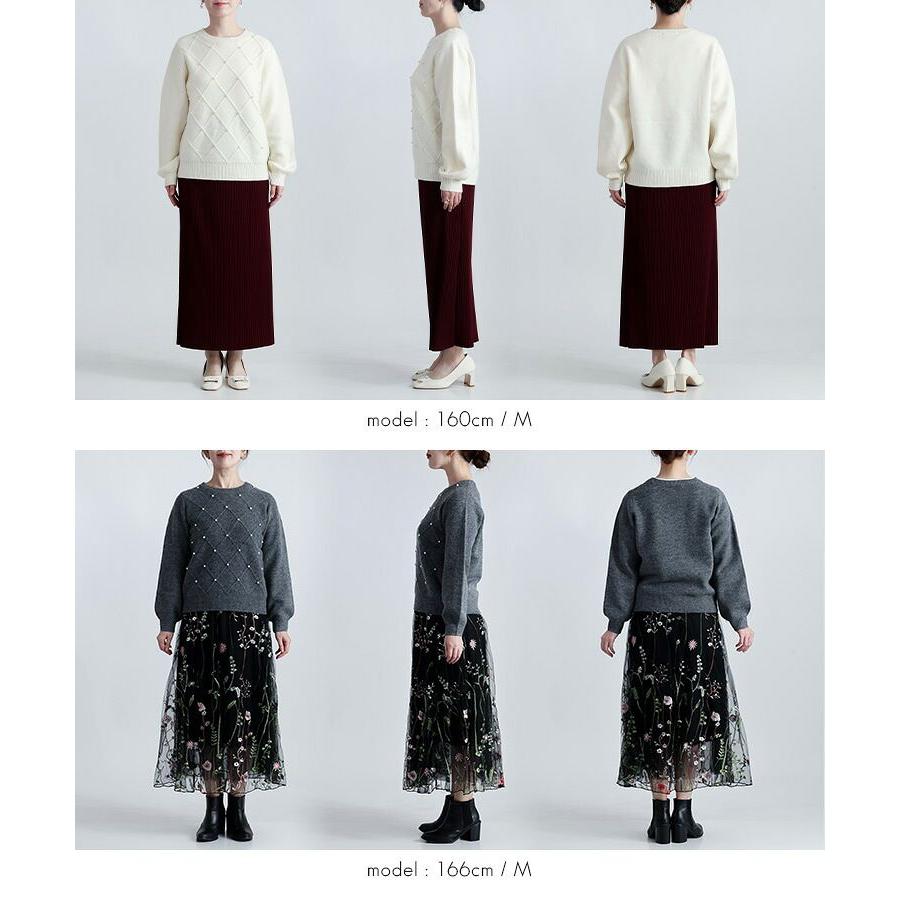 【準新作/送料無料】 ダイヤ柄パール付きニット 3色 M L 洗える 長袖 レディース トップス ニット プルオーバー クルーネック ぽわん袖 ダイヤ柄 パール 春秋冬 |  | 15