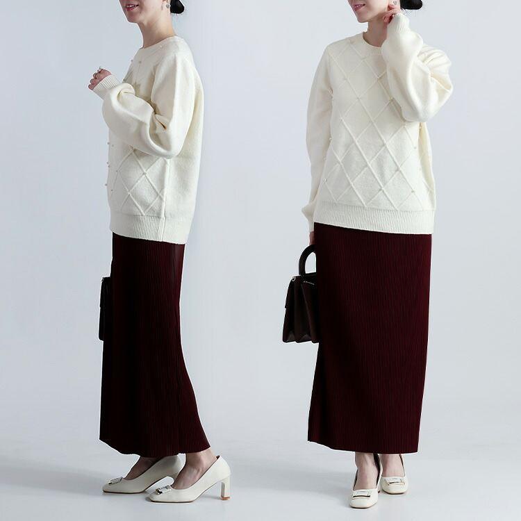 【準新作/送料無料】 ダイヤ柄パール付きニット 3色 M L 洗える 長袖 レディース トップス ニット プルオーバー クルーネック ぽわん袖 ダイヤ柄 パール 春秋冬 |  | 06