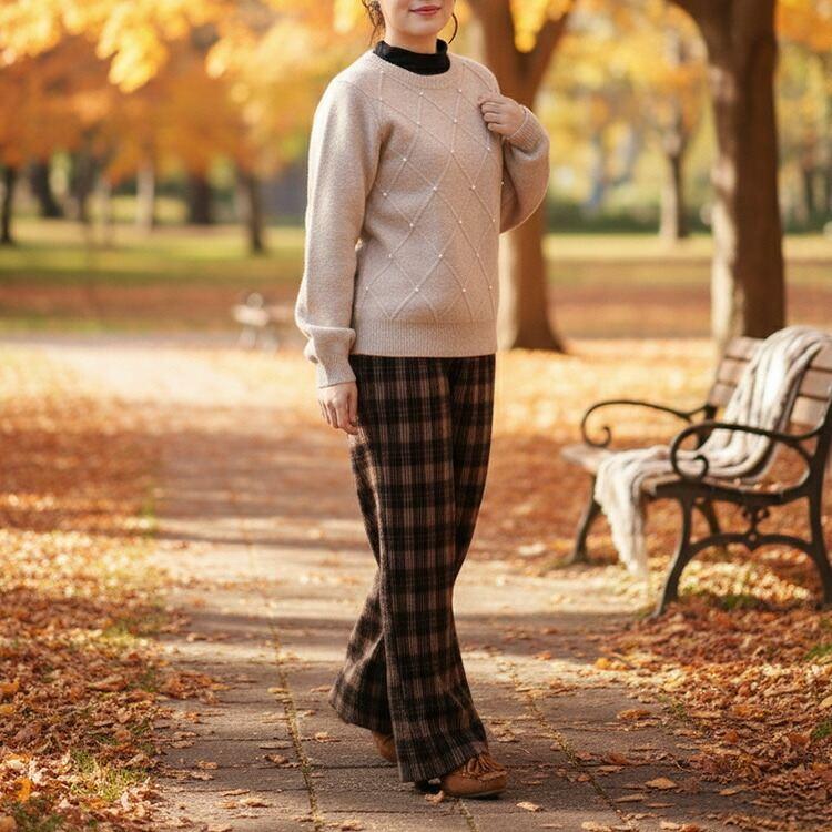 【準新作/送料無料】 ダイヤ柄パール付きニット 3色 M L 洗える 長袖 レディース トップス ニット プルオーバー クルーネック ぽわん袖 ダイヤ柄 パール 春秋冬 |  | 08