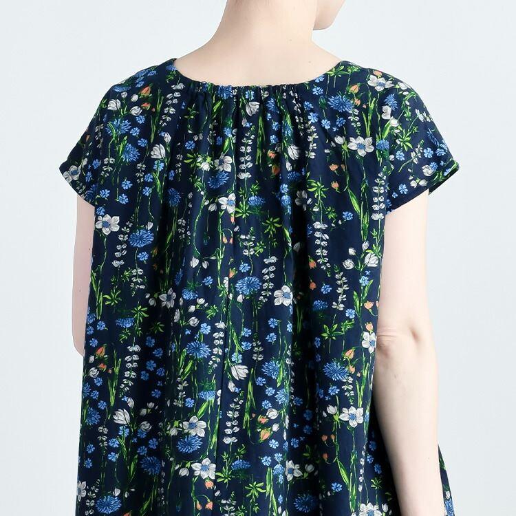 【送料無料】 ボタニカル柄ワンピース 2色 M L 綿麻混 洗える 半袖 レディース トップス ワンピース フレンチスリーブ ラウンドネック Aライン コットン リネン |  | 10