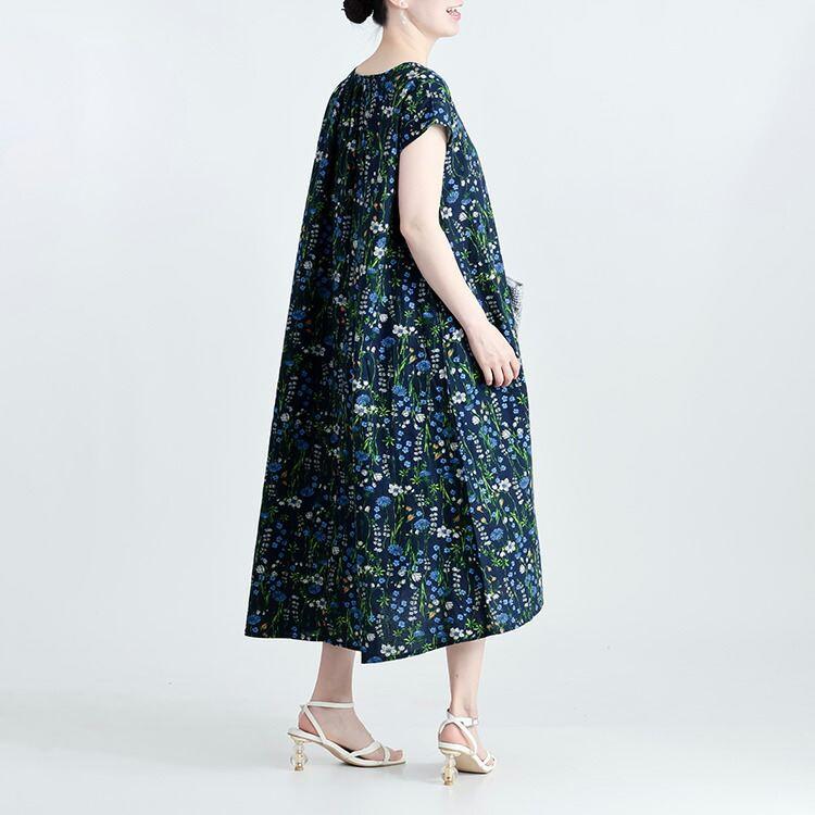 【送料無料】 ボタニカル柄ワンピース 2色 M L 綿麻混 洗える 半袖 レディース トップス ワンピース フレンチスリーブ ラウンドネック Aライン コットン リネン |  | 11