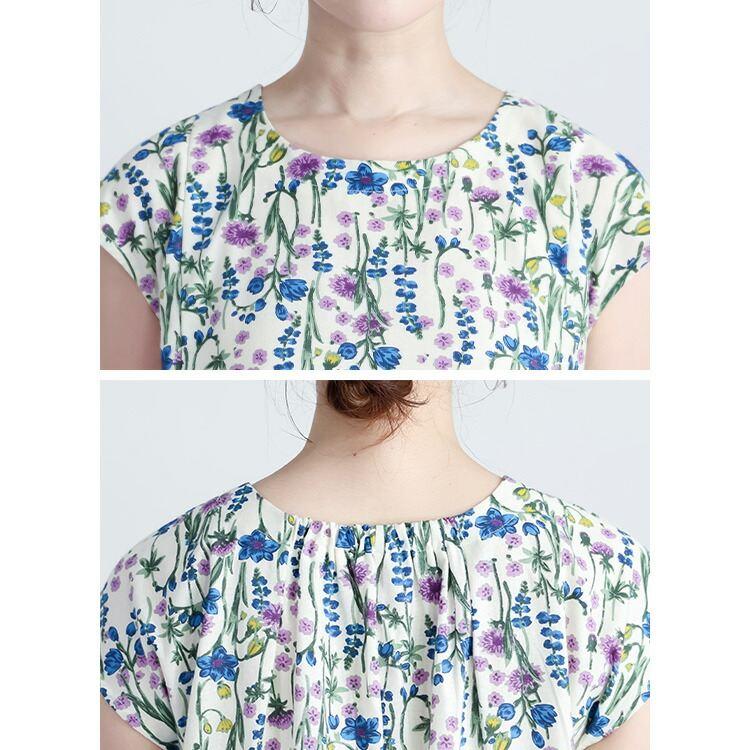 【送料無料】 ボタニカル柄ワンピース 2色 M L 綿麻混 洗える 半袖 レディース トップス ワンピース フレンチスリーブ ラウンドネック Aライン コットン リネン |  | 12