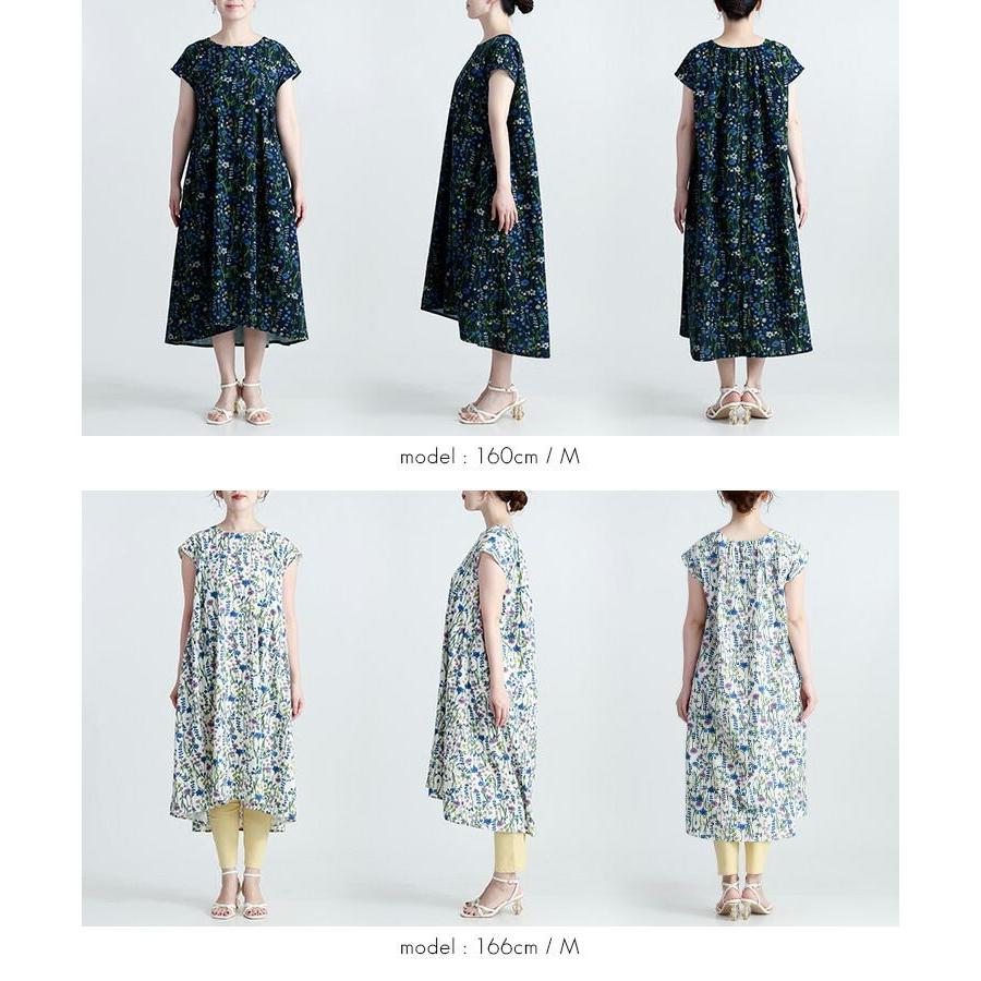 【送料無料】 ボタニカル柄ワンピース 2色 M L 綿麻混 洗える 半袖 レディース トップス ワンピース フレンチスリーブ ラウンドネック Aライン コットン リネン |  | 14