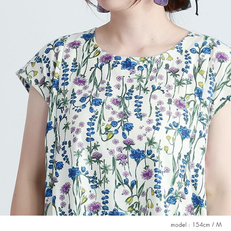 【送料無料】 ボタニカル柄ワンピース 2色 M L 綿麻混 洗える 半袖 レディース トップス ワンピース フレンチスリーブ ラウンドネック Aライン コットン リネン |  | 06