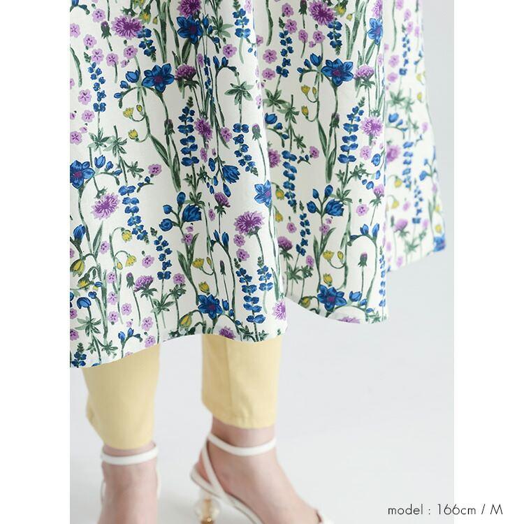 【送料無料】 ボタニカル柄ワンピース 2色 M L 綿麻混 洗える 半袖 レディース トップス ワンピース フレンチスリーブ ラウンドネック Aライン コットン リネン |  | 08