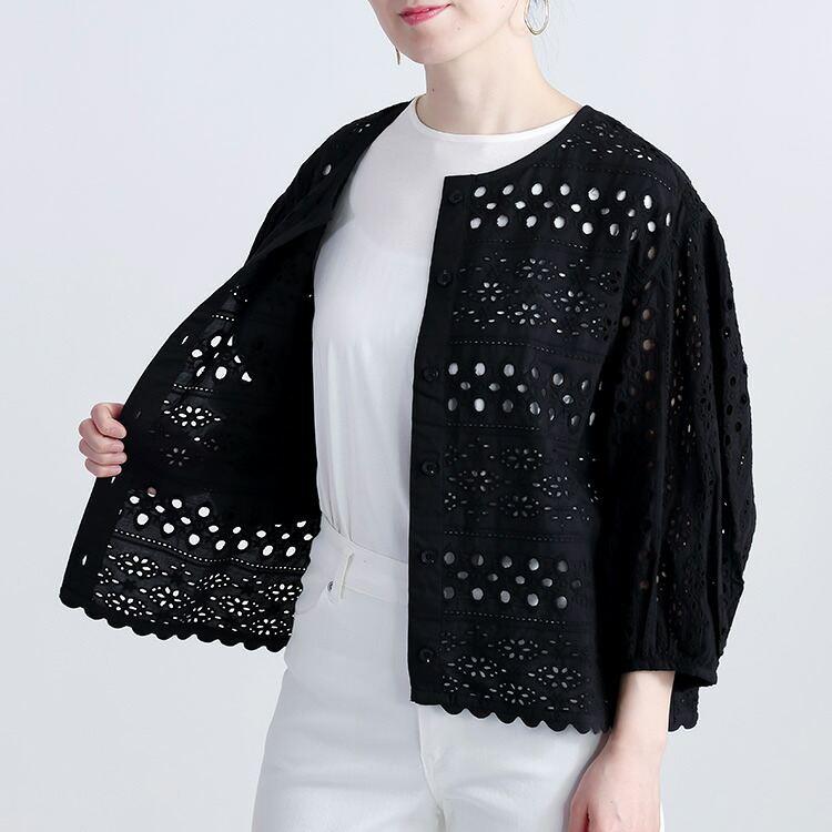 【送料無料/再入荷】 シフリー刺繍ジャケット 3色 M L 洗える 7分袖 レディース アウター ジャケット トップス ブラウス レース 刺繍 ぽわん袖 体型カバー 綿 夏 |  | 16