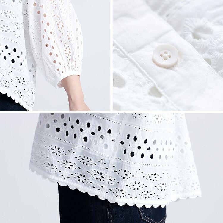 【送料無料/再入荷】 シフリー刺繍ジャケット 3色 M L 洗える 7分袖 レディース アウター ジャケット トップス ブラウス レース 刺繍 ぽわん袖 体型カバー 綿 夏 |  | 19