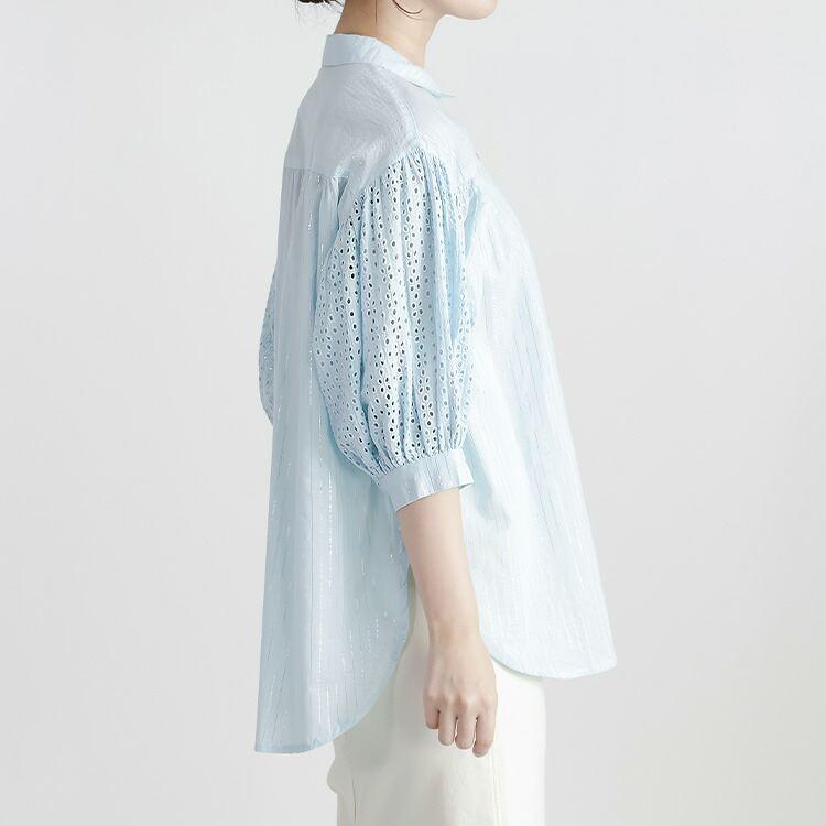 【送料無料】 綿刺繍×ラメストライプブラウス 2色 M L 洗える 7分袖 レディース トップス ブラウス シャツ 薄手 軽量 吸湿 発散性 大人 イージーケア 春夏 |  | 10