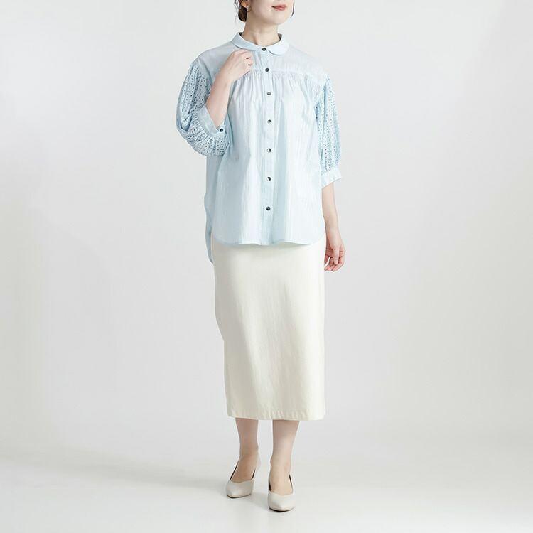 【送料無料】 綿刺繍×ラメストライプブラウス 2色 M L 洗える 7分袖 レディース トップス ブラウス シャツ 薄手 軽量 吸湿 発散性 大人 イージーケア 春夏 |  | 11