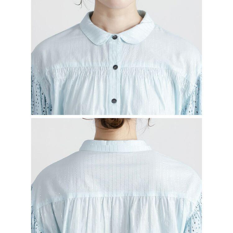 【送料無料】 綿刺繍×ラメストライプブラウス 2色 M L 洗える 7分袖 レディース トップス ブラウス シャツ 薄手 軽量 吸湿 発散性 大人 イージーケア 春夏 |  | 12