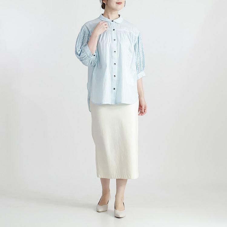 【送料無料】綿刺繍×ラメストライプブラウス 2色 M L 洗える 7分袖 レディース トップス ブラウス シャツ 薄手 軽量 吸湿 発散性 大人 イージーケア コットン |  | 14