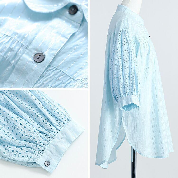 【送料無料】 綿刺繍×ラメストライプブラウス 2色 M L 洗える 7分袖 レディース トップス ブラウス シャツ 薄手 軽量 吸湿 発散性 大人 イージーケア 春夏 |  | 13