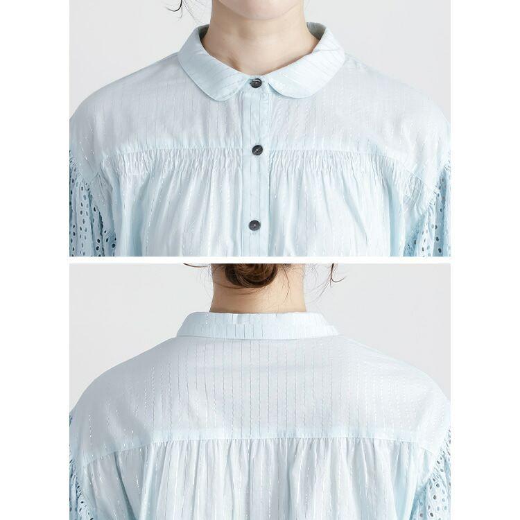 【送料無料】綿刺繍×ラメストライプブラウス 2色 M L 洗える 7分袖 レディース トップス ブラウス シャツ 薄手 軽量 吸湿 発散性 大人 イージーケア コットン |  | 15