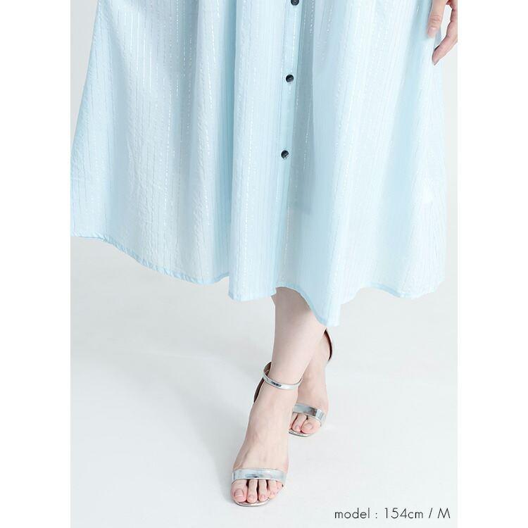 【送料無料】 綿刺繍×ラメストライプロングブラウス 2色 M L 洗える 7分袖 レディース トップス シャツ ブラウス ワンピース バンドカラー 体型カバー 春夏 |  | 10