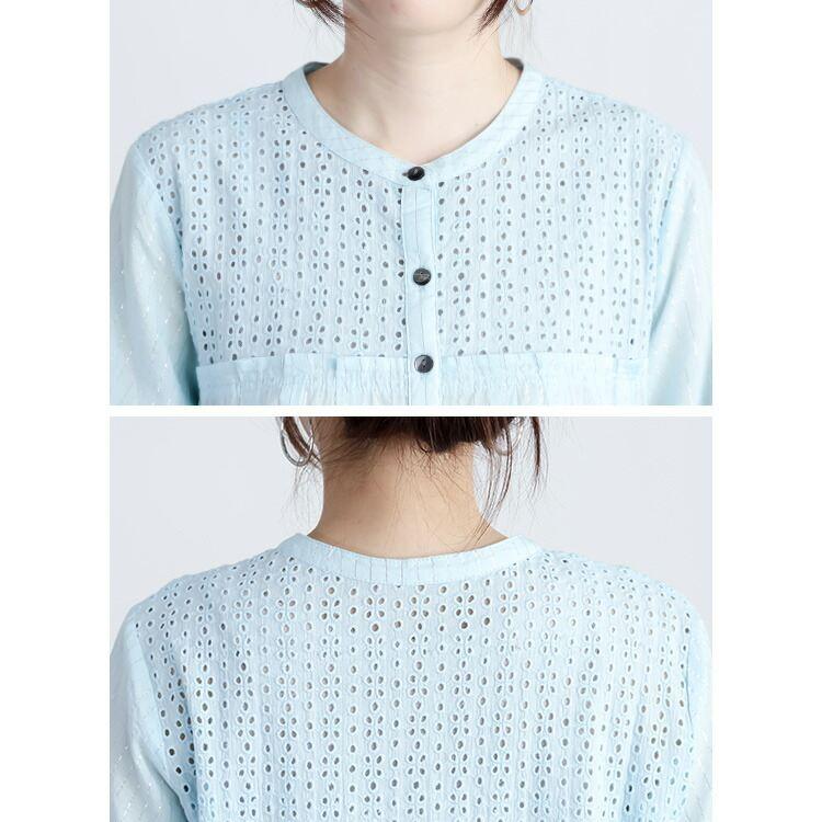 【送料無料】 綿刺繍×ラメストライプロングブラウス 2色 M L 洗える 7分袖 レディース トップス シャツ ブラウス ワンピース バンドカラー 体型カバー 春夏 |  | 13