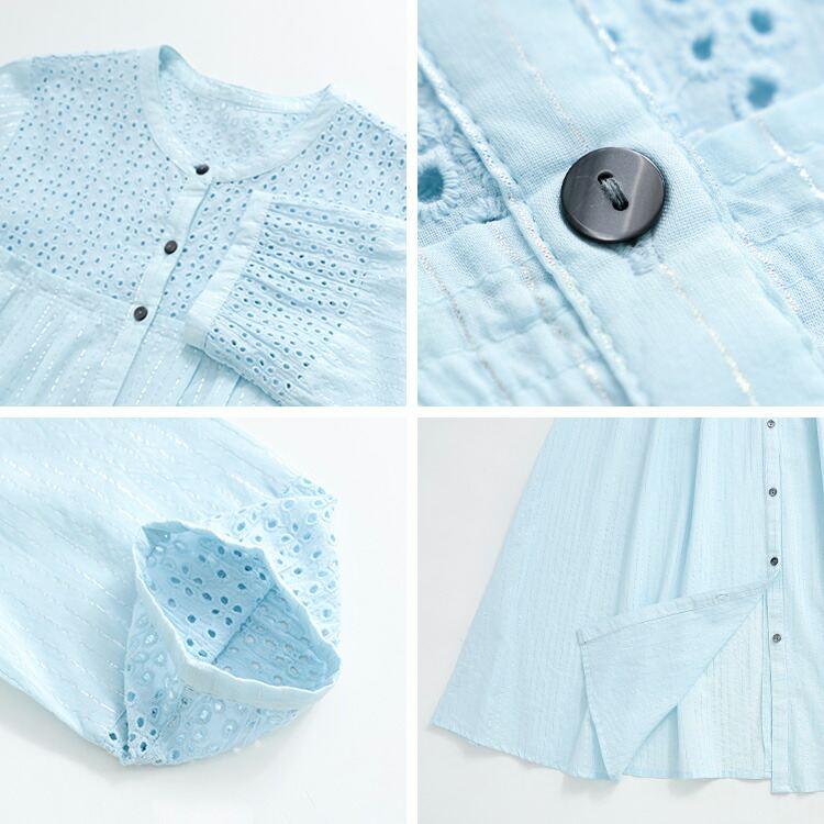 【送料無料】 綿刺繍×ラメストライプロングブラウス 2色 M L 洗える 7分袖 レディース トップス シャツ ブラウス ワンピース バンドカラー 体型カバー 春夏 |  | 14