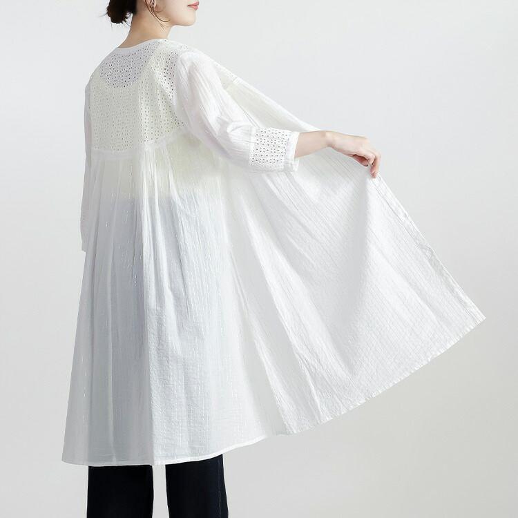 【送料無料】 綿刺繍×ラメストライプロングブラウス 2色 M L 洗える 7分袖 レディース トップス シャツ ブラウス ワンピース バンドカラー 体型カバー 春夏 |  | 07