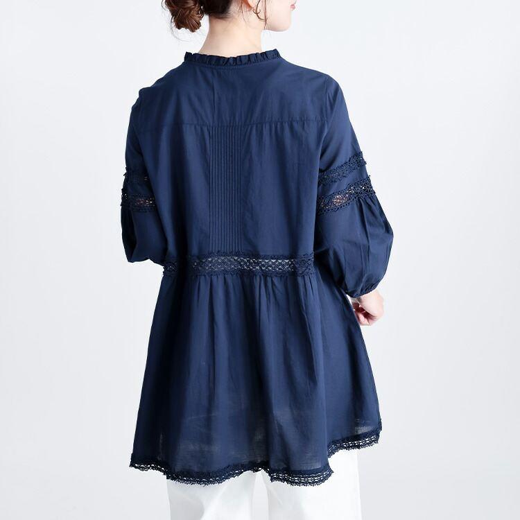 【送料無料】 レース使いブラウス 3色 M L 洗える 長袖 レディースファッション トップス ブラウス チュニック 羽織 フリルネック 綿100％ 春夏秋 |  | 12