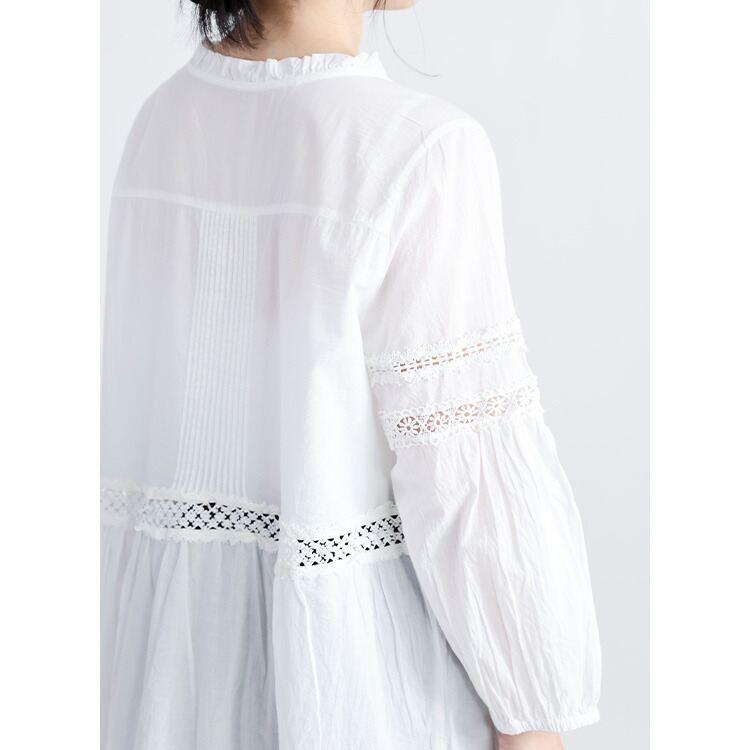 【送料無料】 レース使いブラウス 3色 M L 洗える 長袖 レディースファッション トップス ブラウス チュニック 羽織 フリルネック 綿100％ 春夏秋 |  | 06