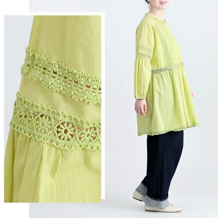 【送料無料】 レース使いブラウス 3色 M L 洗える 長袖 レディースファッション トップス ブラウス チュニック 羽織 フリルネック 綿100％ 春夏秋 |  | 09