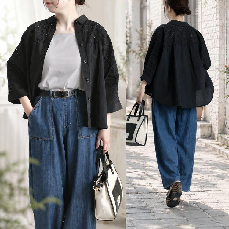 【送料無料/再入荷】 刺繍使いブラウス 4色 M-L 洗える 7分袖 レディース トップス ブラウス シャツ ショートカラー 衿 ドルマン袖 綿100％ 体型カバー 刺繍 夏 |  | 17