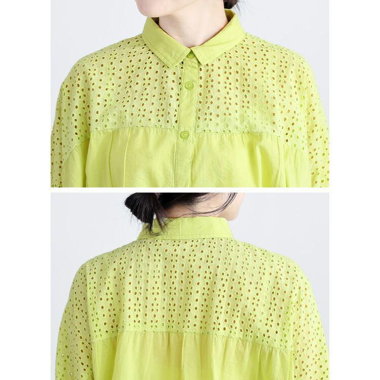 【送料無料/再入荷】 刺繍使いブラウス 4色 M-L 洗える 7分袖 レディース トップス ブラウス シャツ ショートカラー 衿 ドルマン袖 綿100％ 体型カバー 刺繍 夏 |  | 18