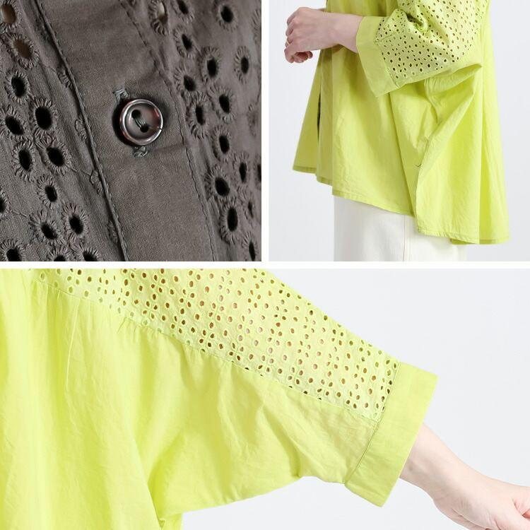 【送料無料/再入荷】 刺繍使いブラウス 4色 M-L 洗える 7分袖 レディース トップス ブラウス シャツ ショートカラー 衿 ドルマン袖 綿100％ 体型カバー 刺繍 夏 |  | 19