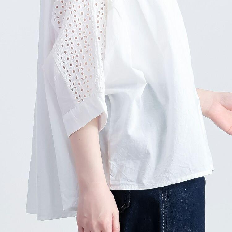 【送料無料/再入荷】 刺繍使いブラウス 4色 M-L 洗える 7分袖 レディース トップス ブラウス シャツ ショートカラー 衿 ドルマン袖 綿100％ 体型カバー 刺繍 夏 |  | 11