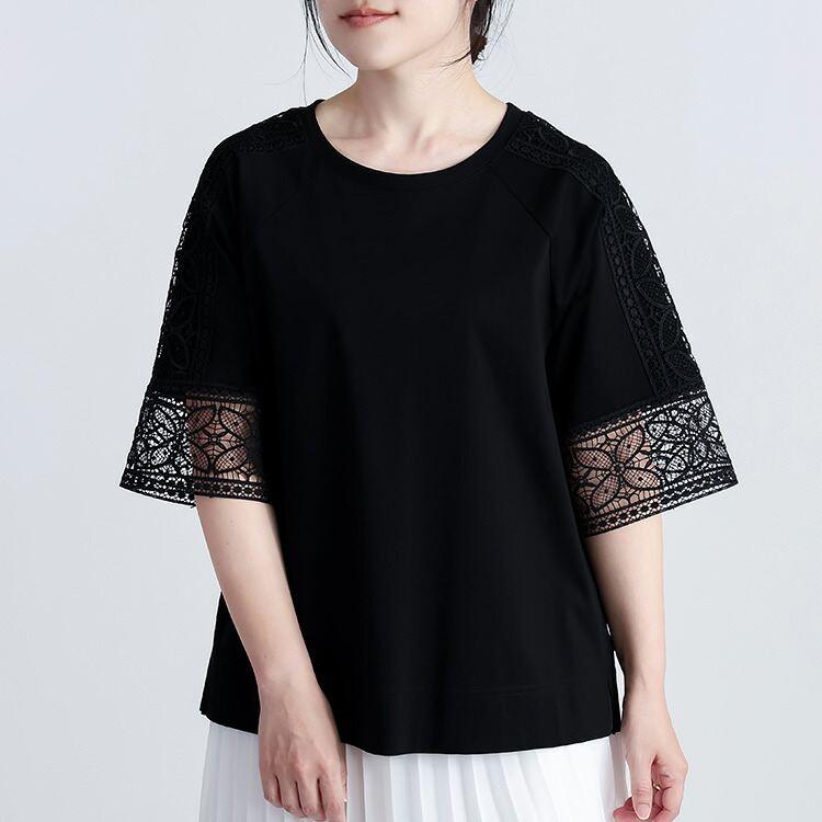【送料無料/再入荷】 ひんやりレース袖カットソー 4色 M-LL 接触冷感 洗える 5分袖 レディース トップス カットソー Tシャツ クルーネック シルケットコットン |  | 17