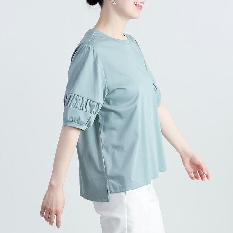 【送料無料】 パフ袖シルケットスムースTシャツ 3色 M L 接触冷感 洗える 半袖 五分袖 パフ袖 レディース トップス Tシャツ カットソー 綿100％ 夏 |  | 10