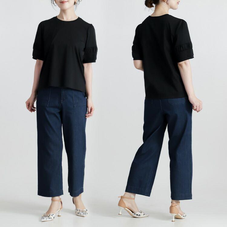 【送料無料】 パフ袖シルケットスムースTシャツ 3色 M L 接触冷感 洗える 半袖 五分袖 パフ袖 レディース トップス Tシャツ カットソー 綿100％ 夏 |  | 12