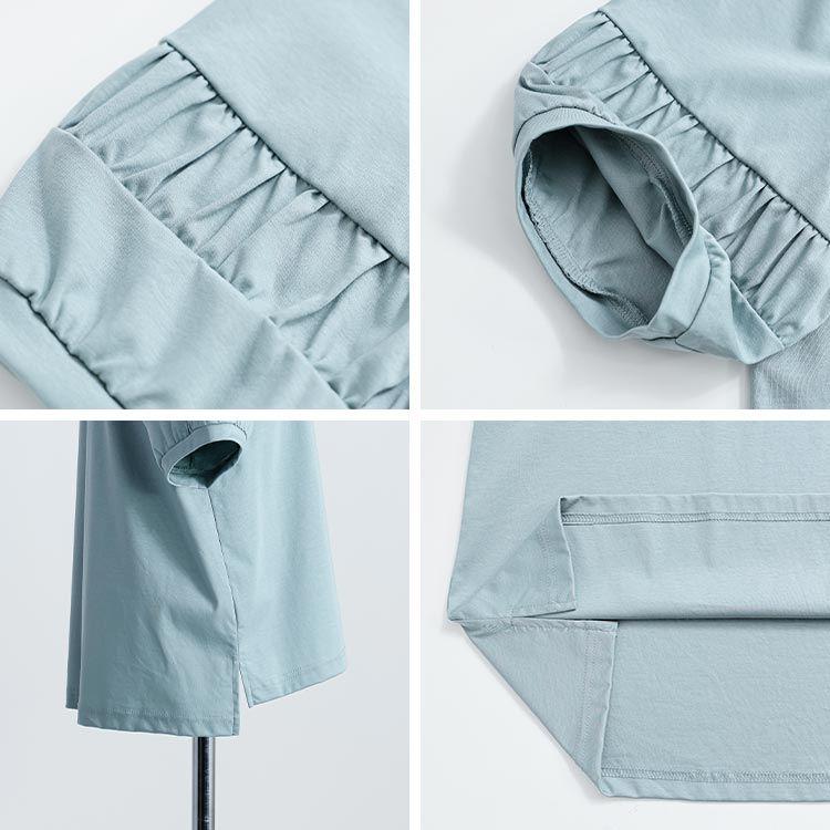 【送料無料】 パフ袖シルケットスムースTシャツ 3色 M L 接触冷感 洗える 半袖 五分袖 パフ袖 レディース トップス Tシャツ カットソー 綿100％ 夏 |  | 14