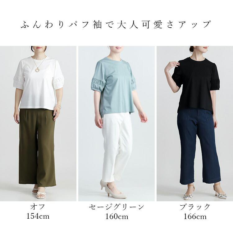 【送料無料】 パフ袖シルケットスムースTシャツ 3色 M L 接触冷感 洗える 半袖 五分袖 パフ袖 レディース トップス Tシャツ カットソー 綿100％ 夏 |  | 01