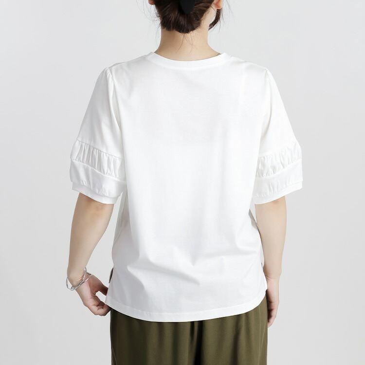 【送料無料】 パフ袖シルケットスムースTシャツ 3色 M L 接触冷感 洗える 半袖 五分袖 パフ袖 レディース トップス Tシャツ カットソー 綿100％ 夏 |  | 07