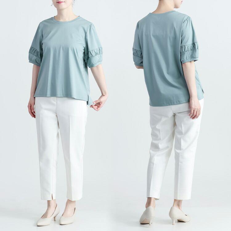 【送料無料】 パフ袖シルケットスムースTシャツ 3色 M L 接触冷感 洗える 半袖 五分袖 パフ袖 レディース トップス Tシャツ カットソー 綿100％ 夏 |  | 09