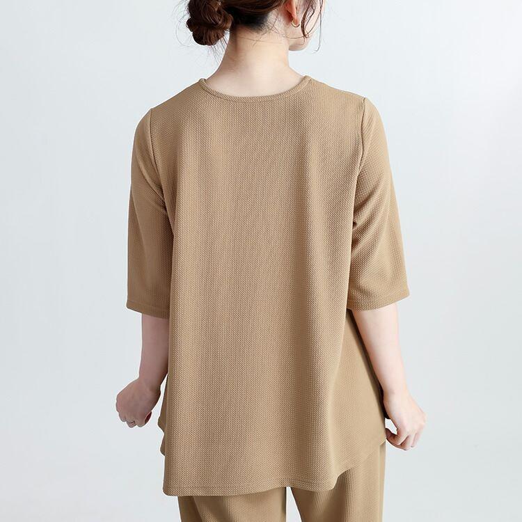 【送料無料】 エンボスカットソーセットアップ 3色 M-LL 洗える 五分袖 レディース アンサンブル 上下セット トップス ボトムス カジュアルスーツ 春秋冬 |  | 08