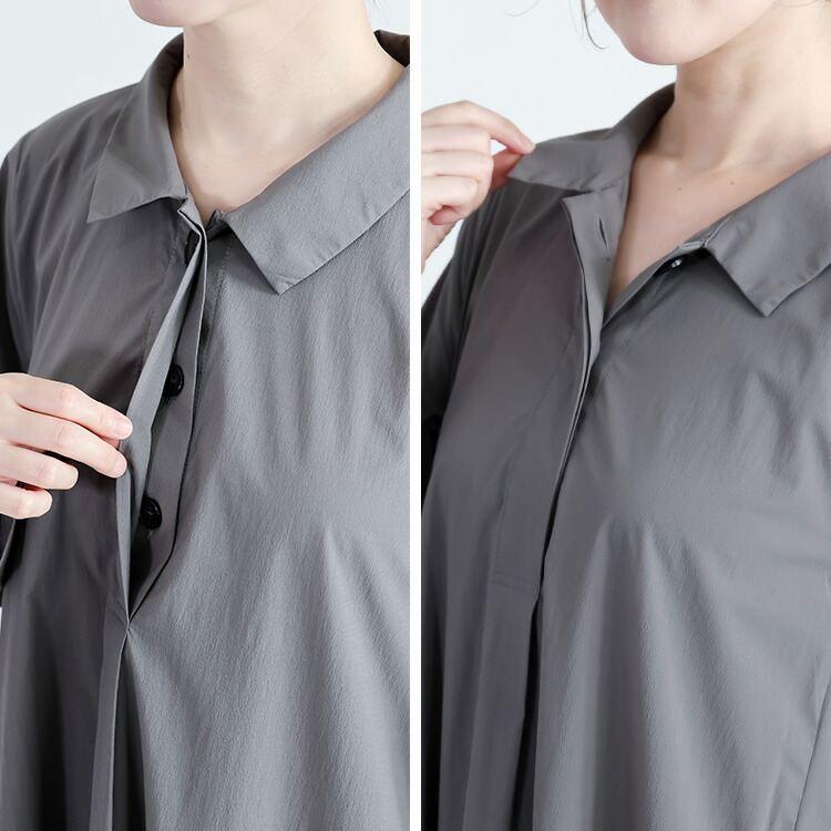 【送料無料】 衿付きチュニックワンピース M-L 洗える 楽ちん 長袖 レディース トップス チュニック ワンピース Ａライン ショートカラー 比翼 春夏秋 |  | 12