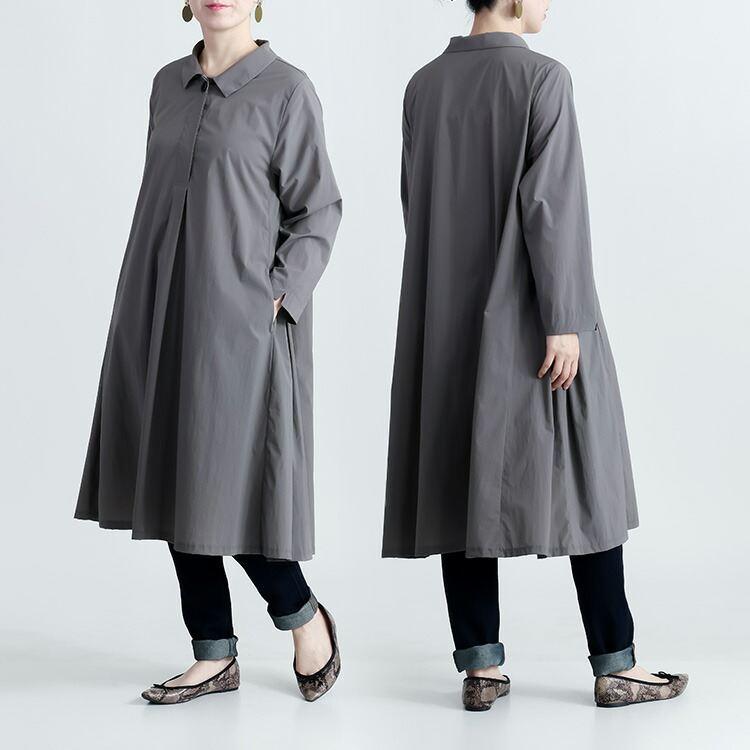 【送料無料】 衿付きチュニックワンピース M-L 洗える 楽ちん 長袖 レディース トップス チュニック ワンピース Ａライン ショートカラー 比翼 春夏秋 |  | 08